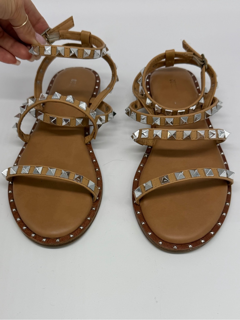 Women's Tan Studded Strappy Flat Sandals with Ankle Wrap